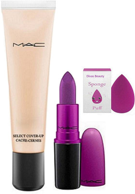 

divas beauty sponge puff &Mac Heroin Matte Finish Lipstick&Mac Select Cover Up Foundation(Set of 3)
