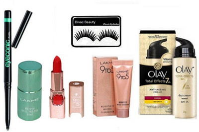 

divas beauty Eyelashes With 9to5 Weightless Mousse Foundation & Matte finish long lasting lipstick & mirror nail polish & Eyeconic kajal Witht olay Anti-ageing Cream(Set of 6)