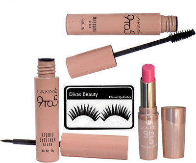 

divas beauty Eyelashes & 9 To 5 Matte Finish Lipstick & Waterproof Liquid Eyeliner & Mascara(Set of 4)