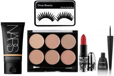 

divas beauty Eyelashes,Mac Brook Candy Red Lipstick & Nars pure Radiant Tinted Moisture's Foundation & mac Makeup 6 Shade Cream Concealer multi palette & mac Liquid Last Eyeliner(Set of 5)