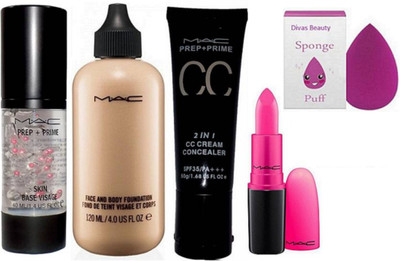 

divas beauty Sponge puff & Prep+Prime skin base visage prime With Prep+Prime 2 in 1 cc cream concealer and mac face and body foundation and mac candy yum yum lipstick(Set of 5)