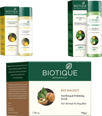 

BIOTIQUE BIO PINEAPPLE OIL CONTROL FACE CLEANSER, Cucumber Pore Tightening Toner, WALNUT PURIFYING & POLISHING SCRUB(Set of 3)