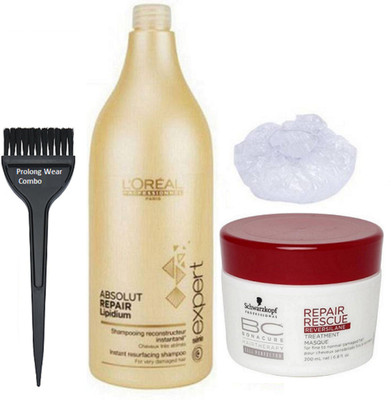 

Pro longwear combo Hair Brush, Shower Cap, L'oreal Professional Absolut Repair Lipidium Shampoo,Schwarzkopf Professional BC Hair Therapy Repair Rescue Masque(Set of 4)