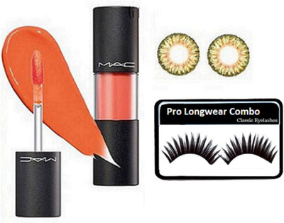 

Pro longwear combo Eyelashes,Orange Lipgloss Of Mac, Eyelense(Set of 3)