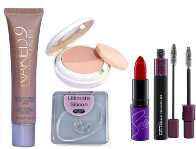 

Ultimate Silicon Puff & Naked9 Skin BB Beauty Balm Foundation, Mac Lightful Two Way Mirror Compact, Selena Hot Red Lipstick, Haute & Naughty 2 in 1 Mascara(Set of 5)