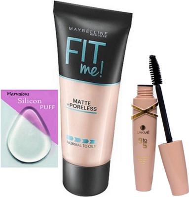 

Marvalous silicon puff ,fit me matte +poreless foundation with lakme 9 to 5 mascara(Set of 3)