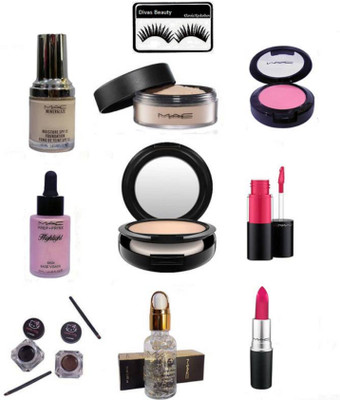 

divas beauty Eyelashes, Mineralize Foundation,Face Loose Powder, Pink Shade Blusher Compact, Compact, Skin Highlighter, Pink Lipgloss & Lipstick, Radiance Face Primer, Hello Kitty Eyeliner(Set of 11)