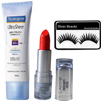 

divas beauty Eyelashes, Ultra Sheer Dry-Touch Sunblock Suncream, Enrich Matte Lipstick(Set of 3)