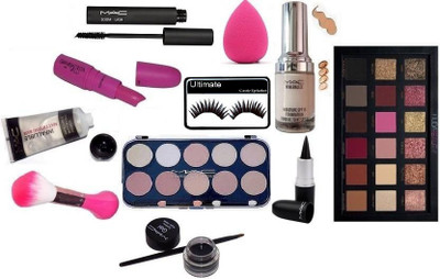 

Ultimate Mac Mineralize Moisture SPF 15 Foundation, Infalliable Mattifying Base Face Primer, Huda Beauty 18 shades Eyeshadow Palette, 10 shade Concealer Makeup Palette, Mac Gel eyeliner & Zoom Lash Mascara, Intense Black stick Kajal, Matte finish voiletta