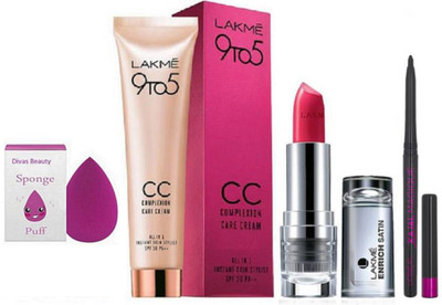 

divas beauty Sponge Puff With 9to5 CC Cream,Magique Kajal & Inrich Satin Lipstick(Set of 4)