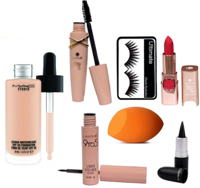 

Ultimate Of Sponge Puff, Lakme 9to5 Eyeliner & Mascara With Long Lasting Matte Finish Lipstick & Mac Face and Body Foundation & Black Stick Kajal(Set of 7)