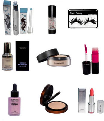 

divas beauty Eyelashes&Mac Brooke Candy Eyeiner&Mascara&Mac Mineralize Foundation&Loose Powder& Highlighter&Compact& Lip Gloss&&Mac PrimerSkin& Colorbar Lipistick(Set of 10)