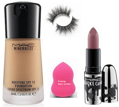 

Pro longwear combo Of Eyelashes&Sponge Puff&Mac Minerlize SPF 15 Liquid Foundation with Brook Candy Matte Finish Long lasting Lipstick(Set of 4)