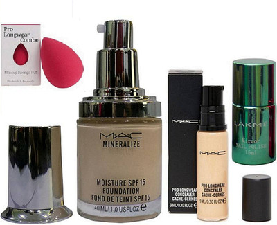 

Pro longwear combo Sponge Puff,Mac mineralize moisture Liquid Foundation & Pro Longwear Concealer & Mirror Green Shade Nail Polish(Set of 4)