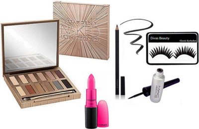 

divas beauty Eyelashes& Liquid Eyeliner&mac Pencil kajal& mac Matte Finish Candy Yum Yum Lipstick&Naked Ultimate Basics Eyeshadow Palette(Set of 5)