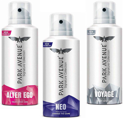 

Park Avenue ALTER EGO, NEO, VOYAGE Signature Perfume Spray 140 ml × 3 Pack Of Three Perfume Body Spray - For Men & Women(140 ml, Pack of 3)