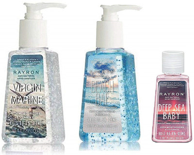 

Rayron Hand Sanitizer Combo Pack of 3 Deep Sea Baby 30ml With Virgin Marine 300ml and Beach Bae 300ml(630 ml, Bottle, Pack of 3)