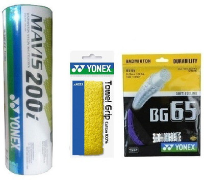 

Yonex Combo of Three One 'Mavis 200i' Nylon Shuttle cock (Pack of 6)+ 'Bg 65' Badminton grip + One Towel Badminton grip (Color On Availability)- Badminton Kit