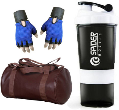 

Snipper Combo Of Leatherite Brown Gym Bag , Blue Gloves and White Spider Shaker Gym & Fitness Kit