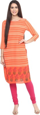 FUSION BEATS Women Striped Straight Kurta(Orange)