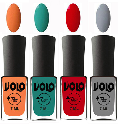 

Volo Ultra Lasting HD Shine Awesome Nail Polish Combo Peach, Radium Green, Blood Red, Light Grey(Pack of 4)