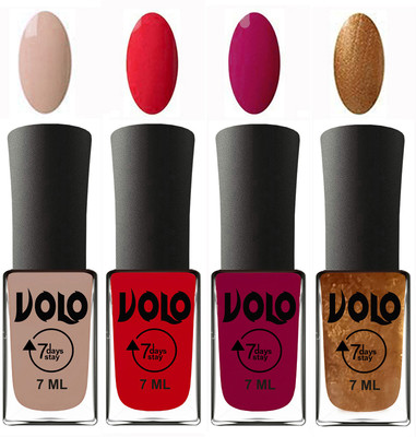 

Volo Ultra Lasting HD Shine Awesome Nail Polish Combo Light Nude, Redish Orange, Magnta, Metallic Dark Golden(Pack of 4)
