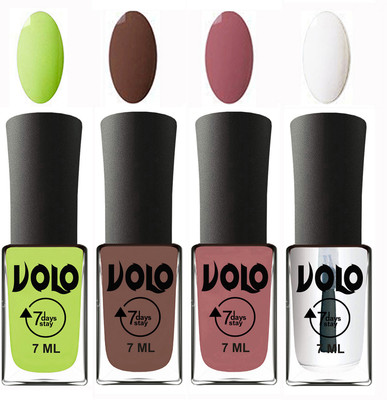 

Volo Ultra Lasting HD Shine Awesome Nail Polish Combo Parrot Green, Brown, Chocolate Peach, Top Coat(Pack of 4)
