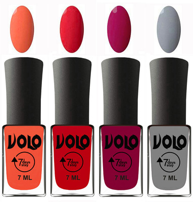 

Volo Ultra Lasting HD Shine Awesome Nail Polish Combo Neon Orange, Redish Orange, Magnta, Light Grey(Pack of 4)