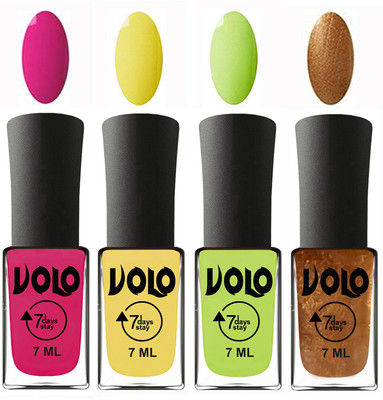 

Volo Ultra Lasting HD Shine Awesome Nail Polish Combo Magnta, Yellow, Parrot Green, Metallic Dark Golden(Pack of 4)