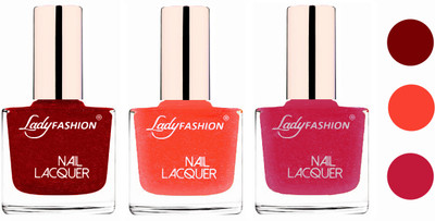 

Lady Fashion Glossy & Long Stay Nail Polish combo Red,Orange Silk,Abricoat Rose(Pack of 3)