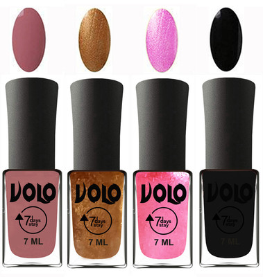 

Volo Ultra Lasting HD Shine Awesome Nail Polish Combo Chocolate Peach, Metallic Dark Golden, Metallic Pink, Black(Pack of 4)