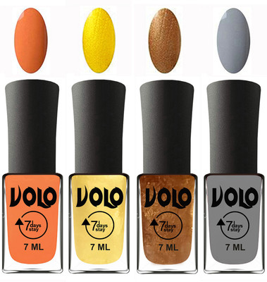 

Volo Ultra Lasting HD Shine Awesome Nail Polish Combo Peach, Metallic Light Golden, Metallic Dark Golden, Light Grey(Pack of 4)