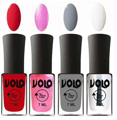

Volo Ultra Lasting HD Shine Awesome Nail Polish Combo Redish Orange, Metallic Pink, Light Grey, Top Coat(Pack of 4)