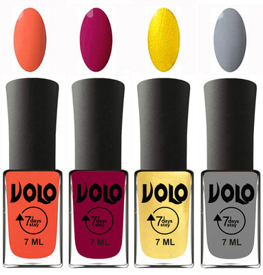 

Volo Ultra Lasting HD Shine Awesome Nail Polish Combo Neon Orange, Magnta, Metallic Light Golden, Light Grey(Pack of 4)