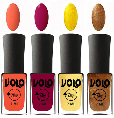 

Volo Ultra Lasting HD Shine Awesome Nail Polish Combo Neon Orange, Magnta, Metallic Light Golden, Metallic Dark Golden(Pack of 4)