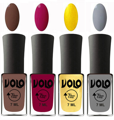 Volo Ultra Lasting HD Shine Awesome Nail Polish Combo Brown, Magnta, Metallic Light Golden, Light Grey(Pack of 4)