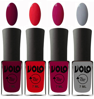 

Volo Ultra Lasting HD Shine Awesome Nail Polish Combo Wine Maroon, Redish Orange, Magnta, Light Grey(Pack of 4)
