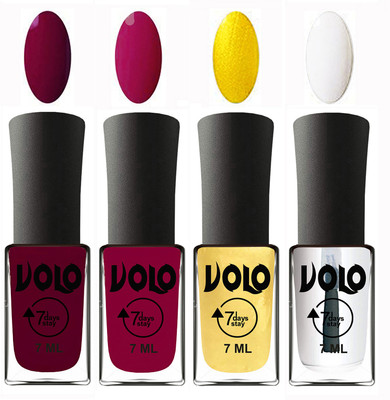

Volo Ultra Lasting HD Shine Awesome Nail Polish Combo Wine Maroon, Magnta, Metallic Light Golden, Top Coat(Pack of 4)