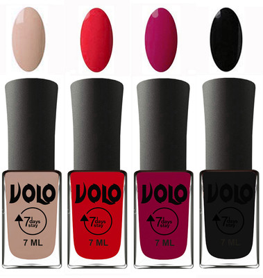 

Volo Ultra Lasting HD Shine Awesome Nail Polish Combo Light Nude, Redish Orange, Magnta, Black(Pack of 4)
