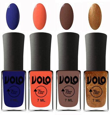 

Volo Ultra Lasting HD Shine Awesome Nail Polish Combo Navy Blue, Neon Orange, Brown, Metallic Dark Golden(Pack of 4)