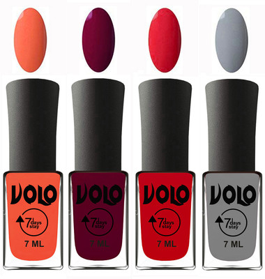 

Volo Ultra Lasting HD Shine Awesome Nail Polish Combo Neon Orange, Wine Maroon, Redish Orange, Light Grey(Pack of 4)