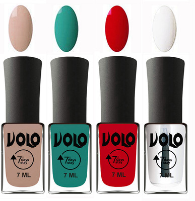 

Volo Ultra Lasting HD Shine Awesome Nail Polish Combo Light Nude, Radium Green, Blood Red, Top Coat(Pack of 4)