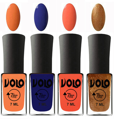 

Volo Ultra Lasting HD Shine Awesome Nail Polish Combo Peach, Navy Blue, Neon Orange, Metallic Dark Golden(Pack of 4)