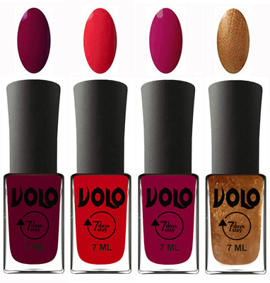 

Volo Ultra Lasting HD Shine Awesome Nail Polish Combo Wine Maroon, Redish Orange, Magnta, Metallic Dark Golden(Pack of 4)