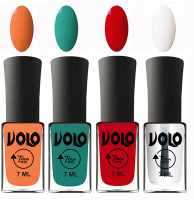 

Volo Ultra Lasting HD Shine Awesome Nail Polish Combo Peach, Radium Green, Blood Red, Top Coat(Pack of 4)