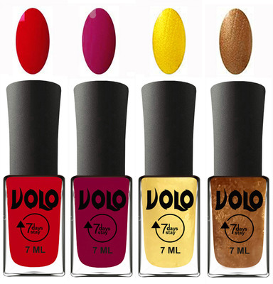 

Volo Ultra Lasting HD Shine Awesome Nail Polish Combo Blood Red, Magnta, Metallic Light Golden, Metallic Dark Golden(Pack of 4)