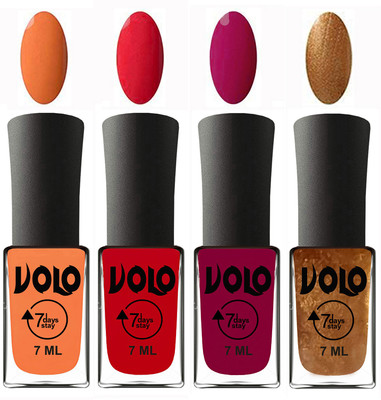 

Volo Ultra Lasting HD Shine Awesome Nail Polish Combo Peach, Redish Orange, Magnta, Metallic Dark Golden(Pack of 4)