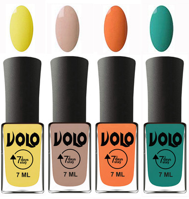 

Volo Ultra Lasting HD Shine Awesome Nail Polish Combo Yellow, Light Nude, Peach, Radium Green(Pack of 4)