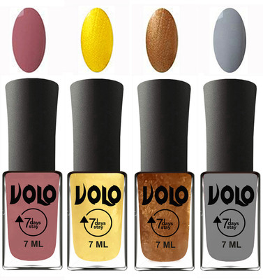 

Volo Ultra Lasting HD Shine Awesome Nail Polish Combo Chocolate Peach, Metallic Light Golden, Metallic Dark Golden, Light Grey(Pack of 4)