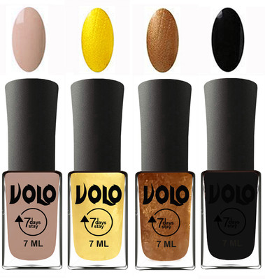 

Volo Ultra Lasting HD Shine Awesome Nail Polish Combo Light Nude, Metallic Light Golden, Metallic Dark Golden, Black(Pack of 4)